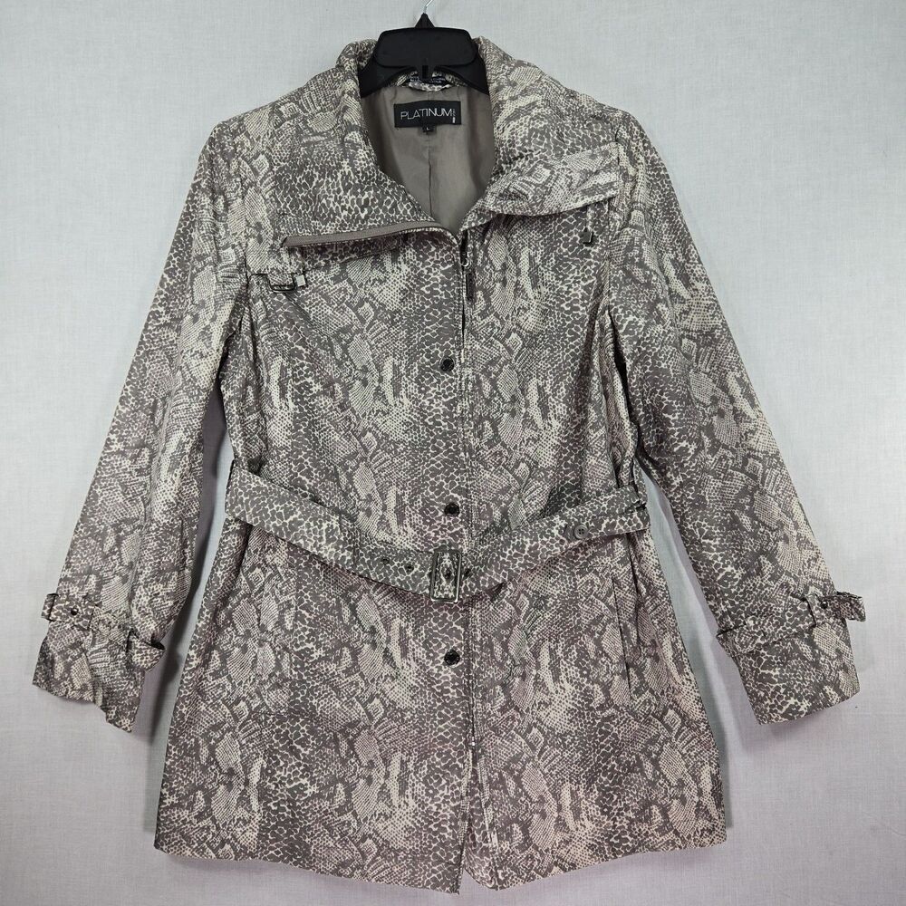 Platinum UTEX Snake Print Jacket Women's Large Belted Zip Snap Rain /  Wind Coat